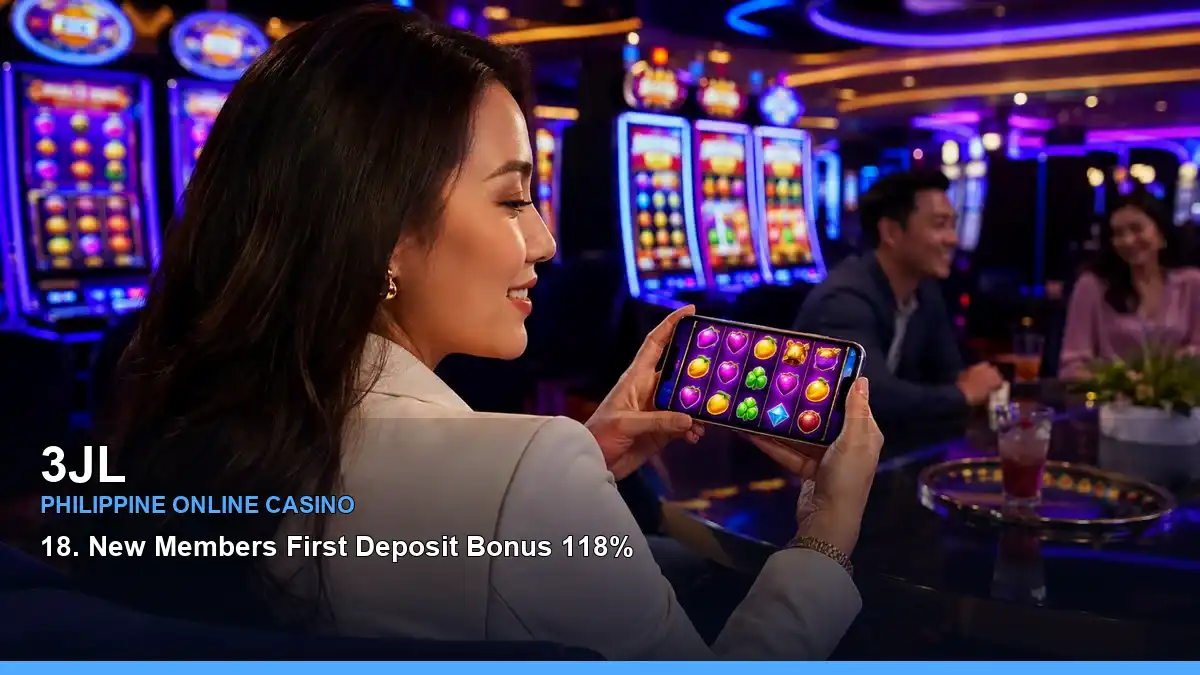 3JL play mobile casino games featuring an adult Filipina casino host with a celebratory composition